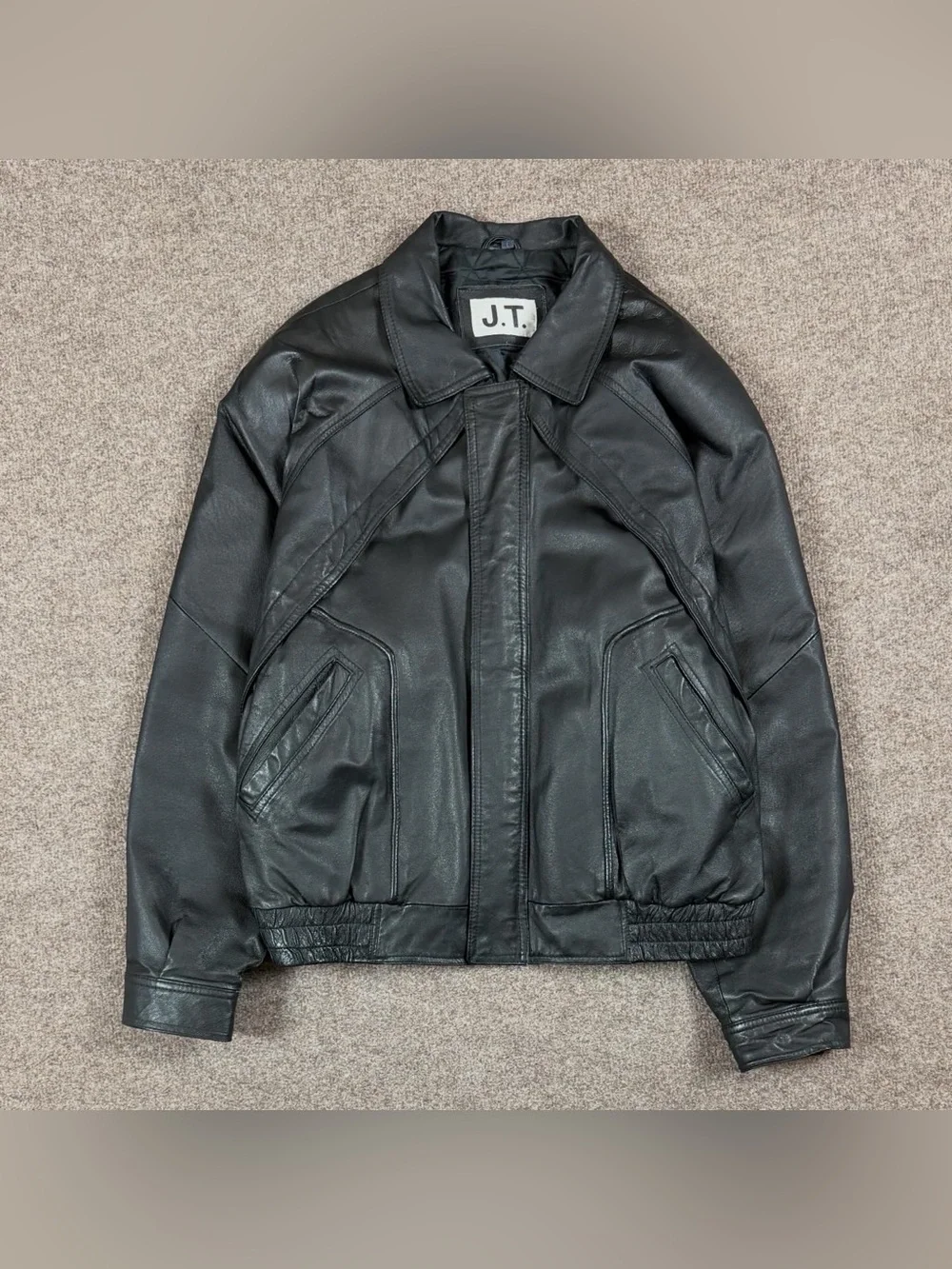 Vintage J.T. Black Genuine Leather Bomber Jacket Men’s Size Large Full Zip 90s